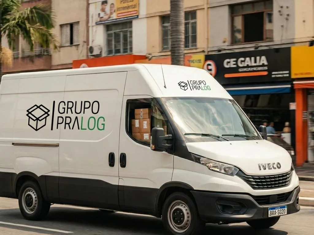 Van Iveco Daily da frota PRA LOG carregada de pacotes em rua comercial urbana